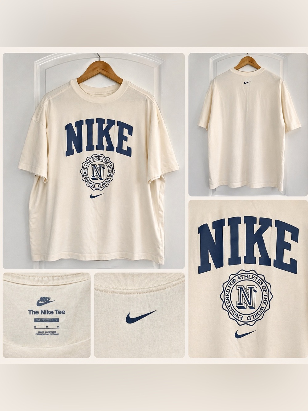 Nike Oversized T-Shirt Cream Blue Logo Graphic Tee Mens Size M